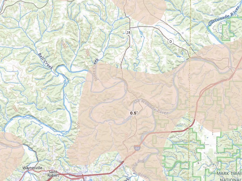 Radar-estimated hail-size map of the storm over Dixon, MO on May 31, 2026