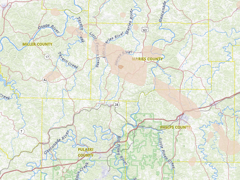 Radar-estimated hail-size map of the storm over Dixon, MO on Jul 9, 2026