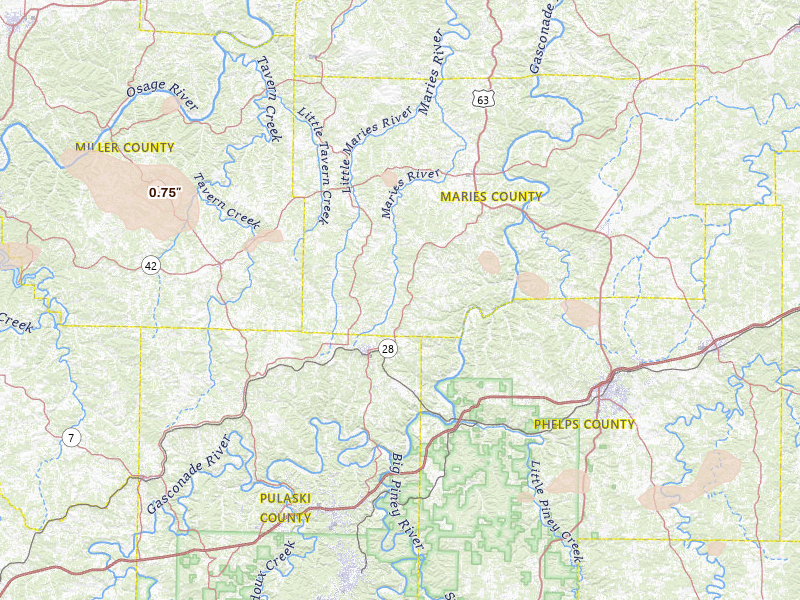 Radar-estimated hail-size map of the storm over Dixon, MO on Jul 10, 2026