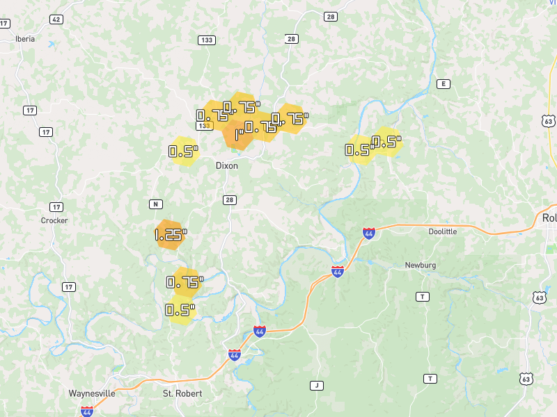 Hail map of Dixon, MO on Jul 10, 2026, hail up to 1.25"