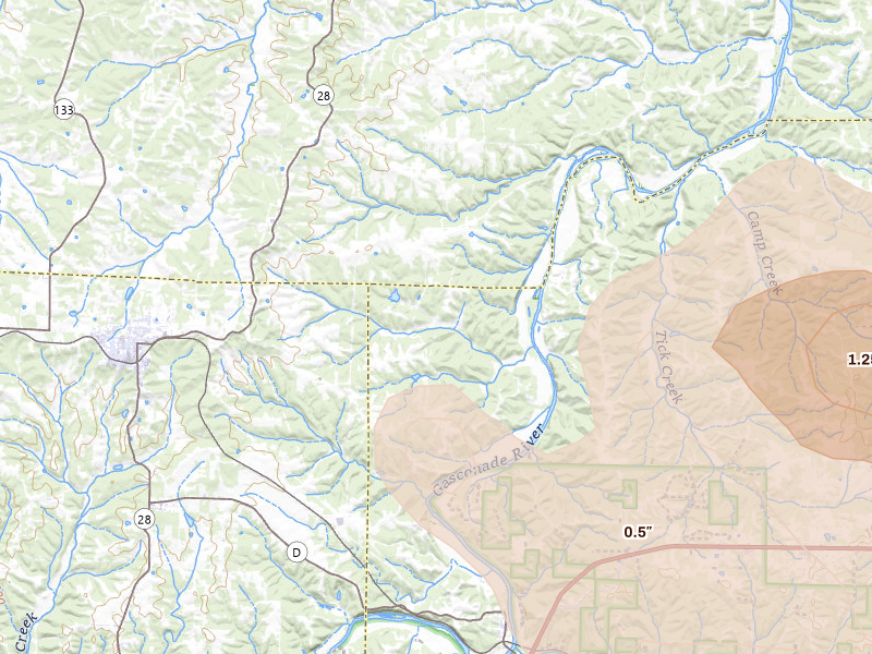 Radar-estimated hail-size map of the storm over Dixon, MO on Aug 12, 2026