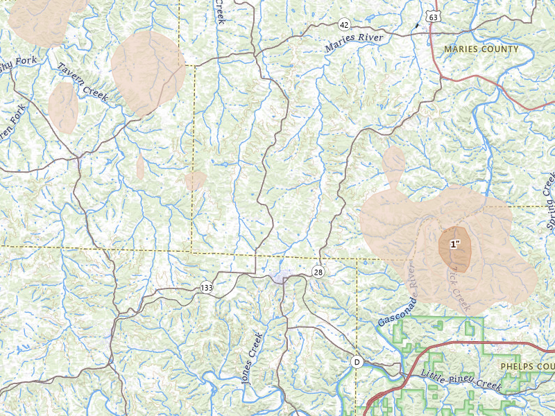 Radar-estimated hail-size map of the storm over Dixon, MO on Aug 18, 2026