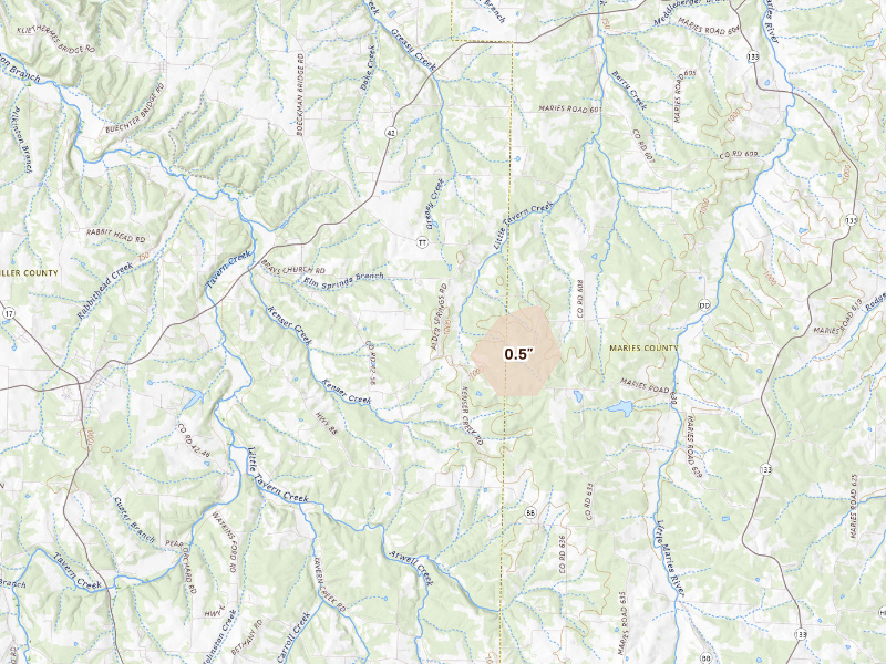 Radar-estimated hail-size map of the storm over Dixon, MO on Sep 16, 2026