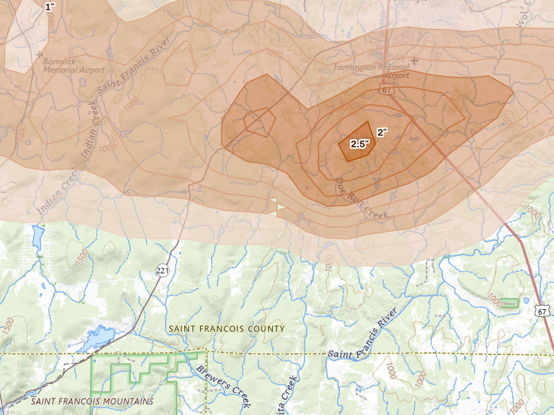 Radar-estimated hail-size map of the storm over Doe Run, MO on Apr 26, 2026