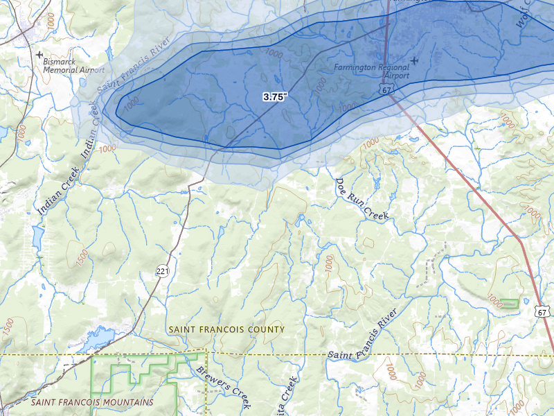 NEXRAD radar-signature map of the hail over Doe Run, MO