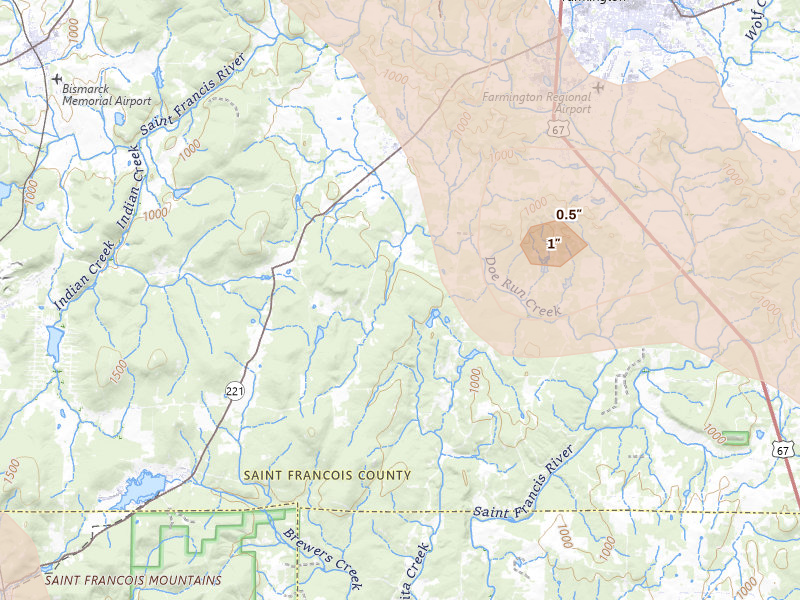 Radar-estimated hail-size map of the storm over Doe Run, MO on May 31, 2026