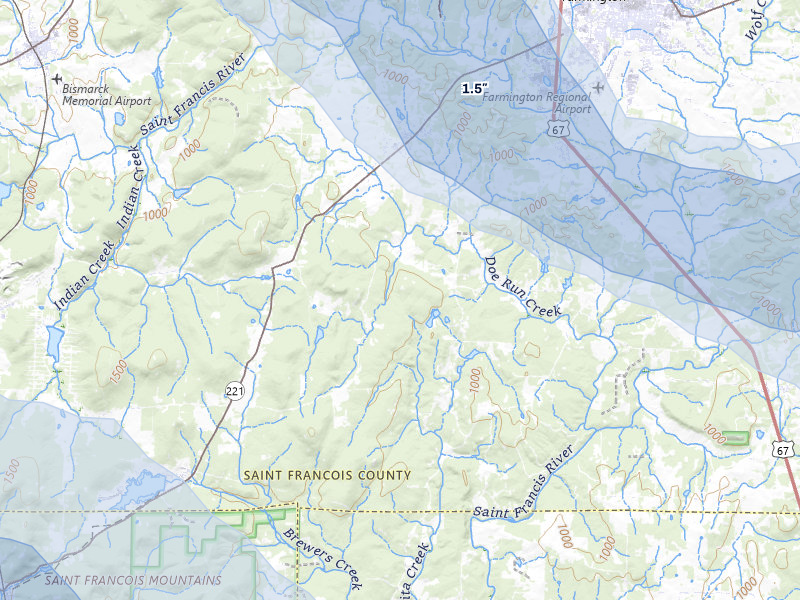 NEXRAD radar-signature map of the hail storm over Doe Run, MO on May 31, 2026