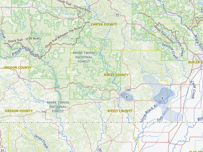 NEXRAD radar-signature map of the hail storm over Doniphan, MO on Mar 7, 2026