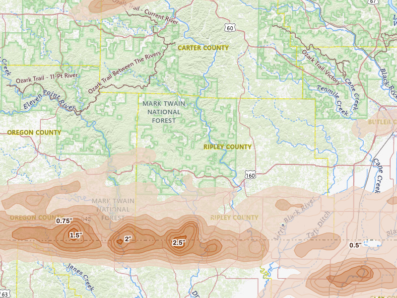 Radar-estimated hail-size map of the storm over Doniphan, MO on Apr 16, 2026