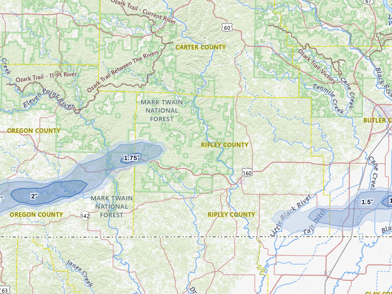 NEXRAD radar-signature map of the hail over Doniphan, MO
