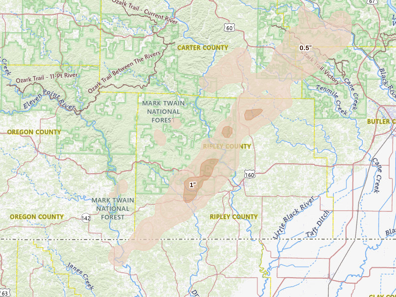 Radar-estimated hail-size map of the storm over Doniphan, MO on Apr 26, 2026