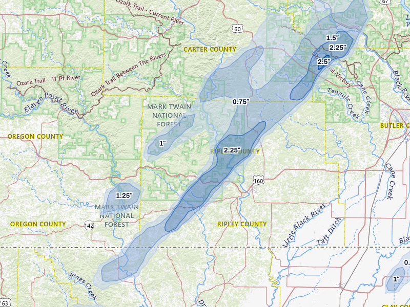 NEXRAD radar-signature map of the hail over Doniphan, MO