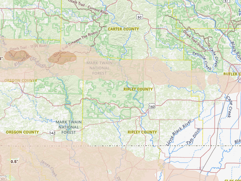 Radar-estimated hail-size map of the storm over Doniphan, MO on Apr 27, 2026