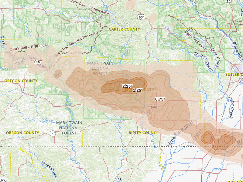 Radar-estimated hail-size map of the storm over Doniphan, MO on Apr 28, 2026