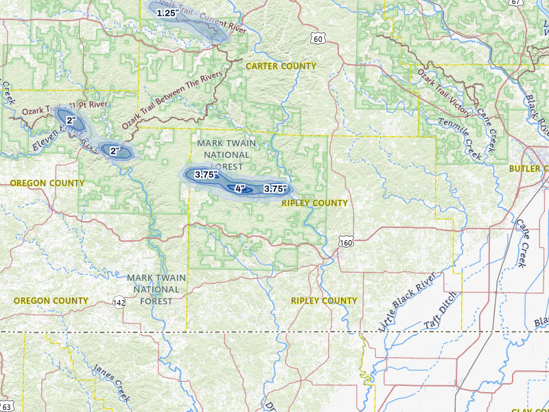 NEXRAD radar-signature map of the hail storm over Doniphan, MO on Apr 28, 2026