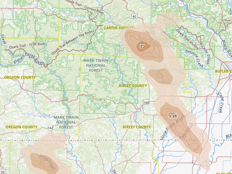 Radar-estimated hail-size map of the storm over Doniphan, MO on May 31, 2026