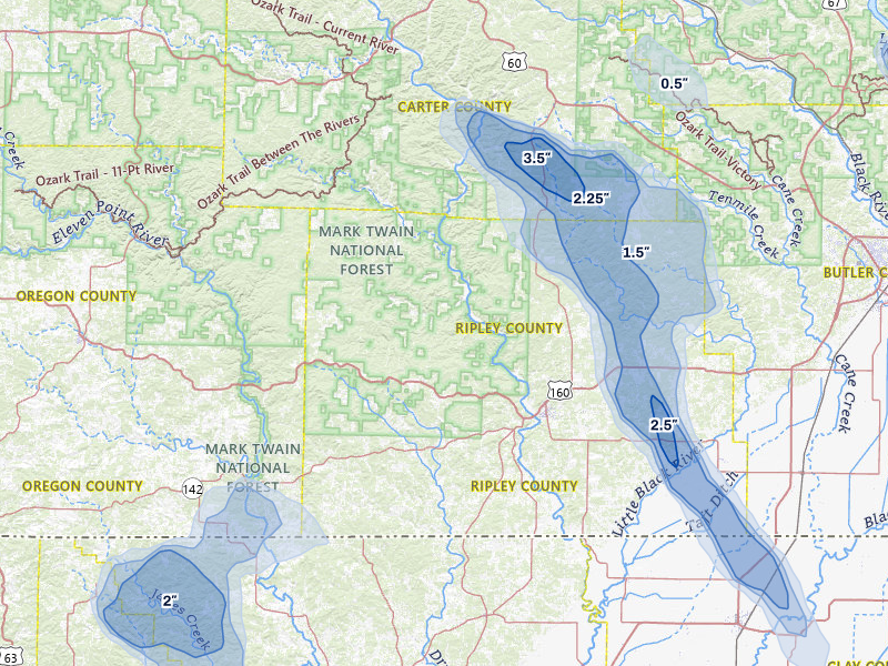 NEXRAD radar-signature map of the hail storm over Doniphan, MO on May 31, 2026