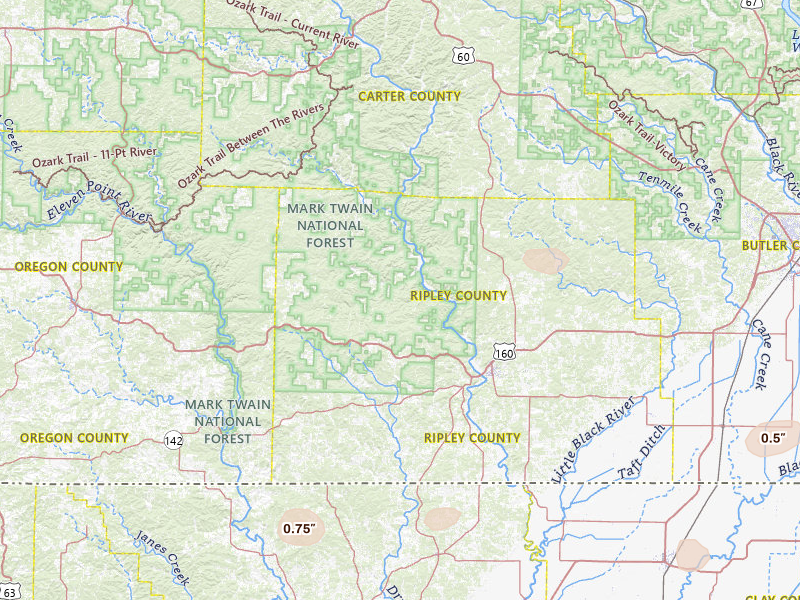 Radar-estimated hail-size map of the storm over Doniphan, MO on Jun 9, 2026