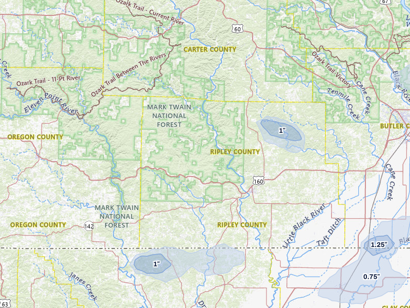 NEXRAD radar-signature map of the hail storm over Doniphan, MO on Jun 9, 2026