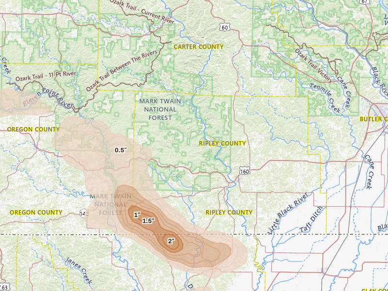 Radar-estimated hail-size map of the storm over Doniphan, MO