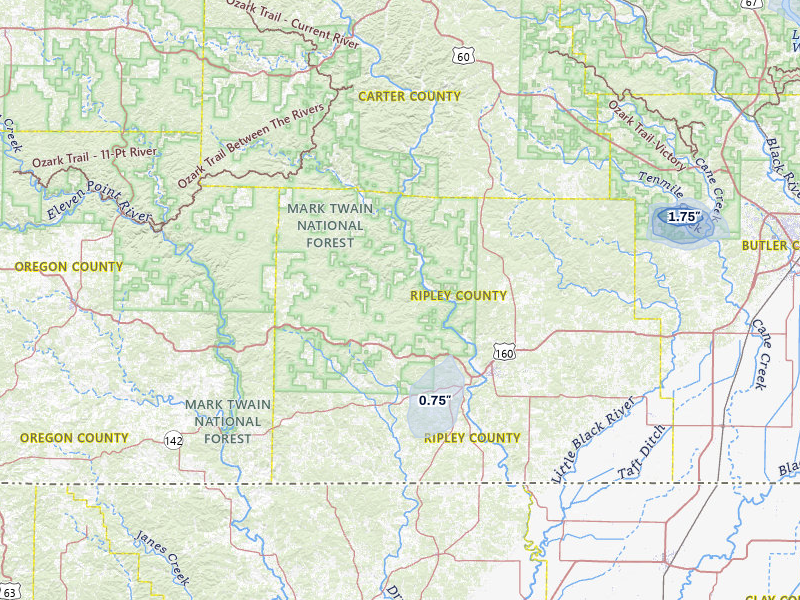 NEXRAD radar-signature map of the hail over Doniphan, MO