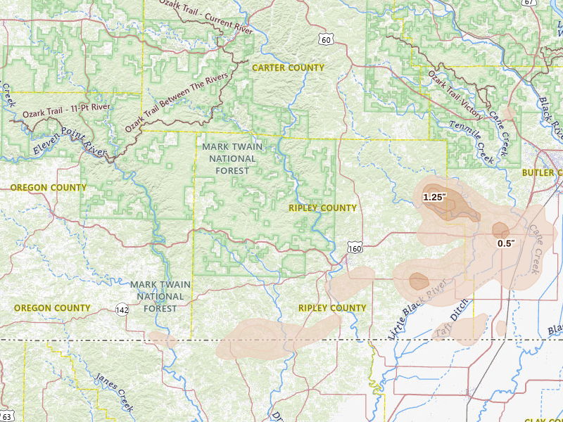 Radar-estimated hail-size map of the storm over Doniphan, MO on Jul 9, 2026