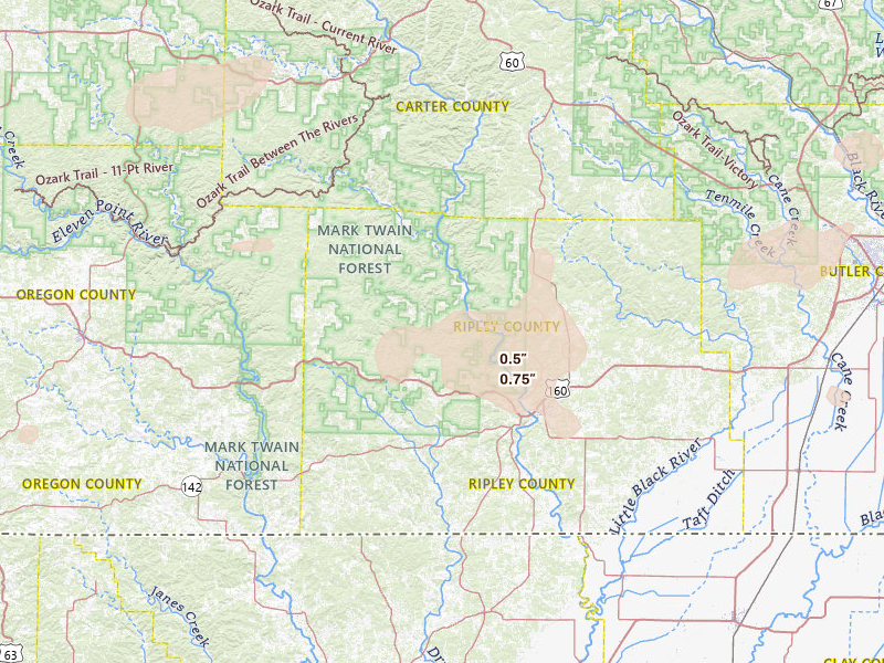 Radar-estimated hail-size map of the storm over Doniphan, MO on Jul 10, 2026