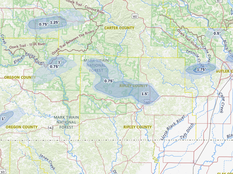 NEXRAD radar-signature map of the hail storm over Doniphan, MO on Jul 10, 2026