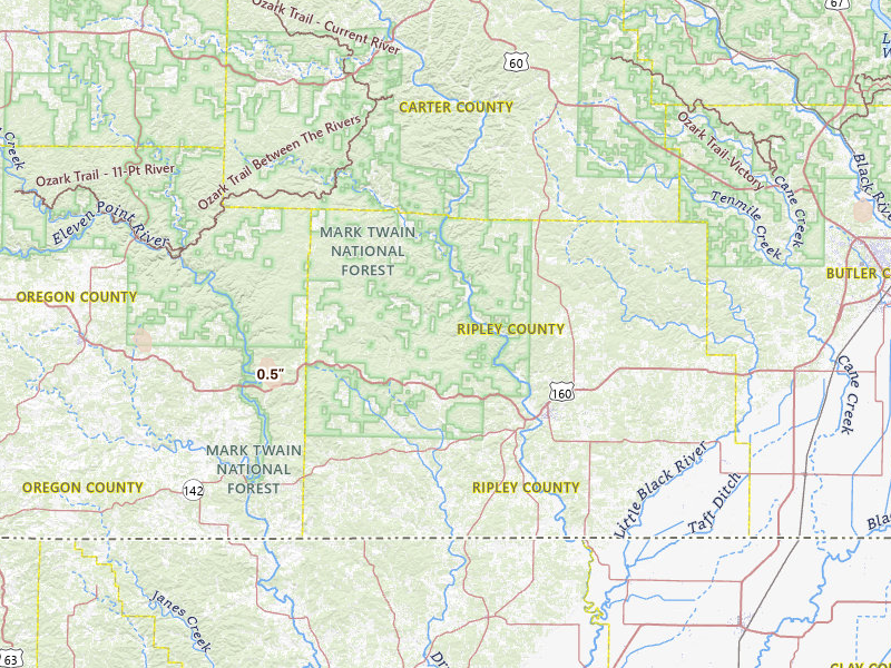 Radar-estimated hail-size map of the storm over Doniphan, MO on Jul 21, 2026