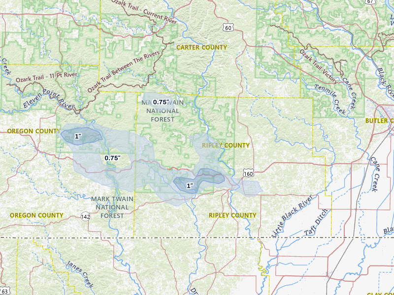 NEXRAD radar-signature map of the hail storm over Doniphan, MO on Jul 31, 2026