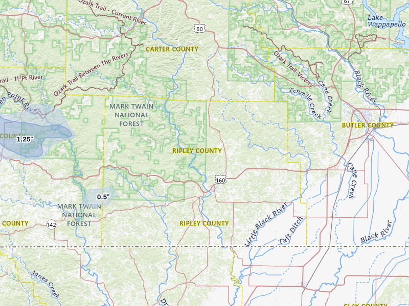 NEXRAD radar-signature map of the hail storm over Doniphan, MO on Aug 7, 2026