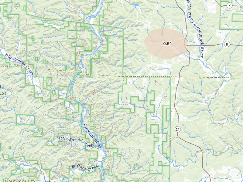 Radar-estimated hail-size map of the storm over Doniphan, MO on Sep 4, 2026