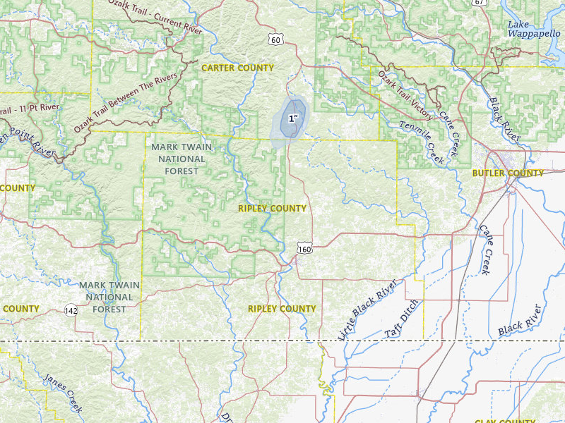 NEXRAD radar-signature map of the hail storm over Doniphan, MO on Sep 4, 2026