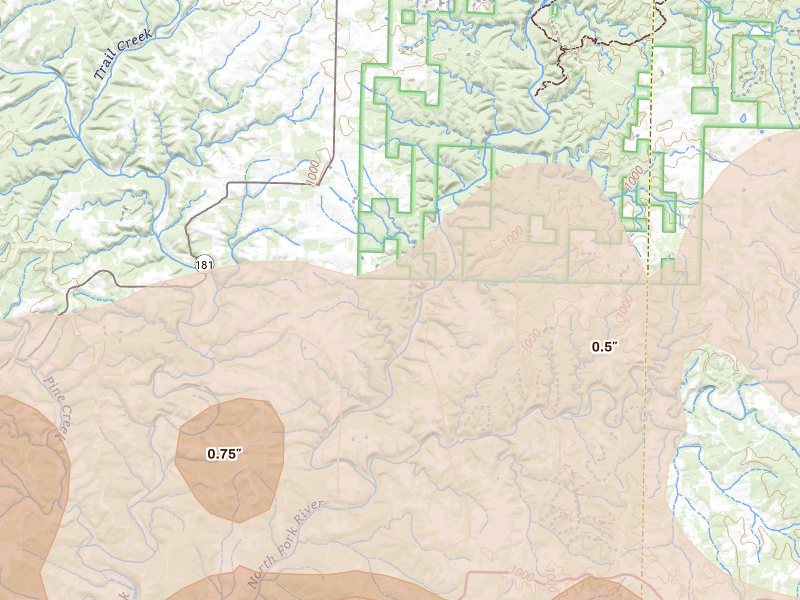 Radar-estimated hail-size map of the storm over Dora, MO on Apr 27, 2026