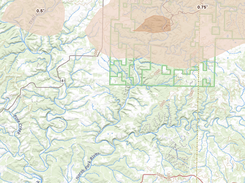 Radar-estimated hail-size map of the storm over Dora, MO on Jul 10, 2026