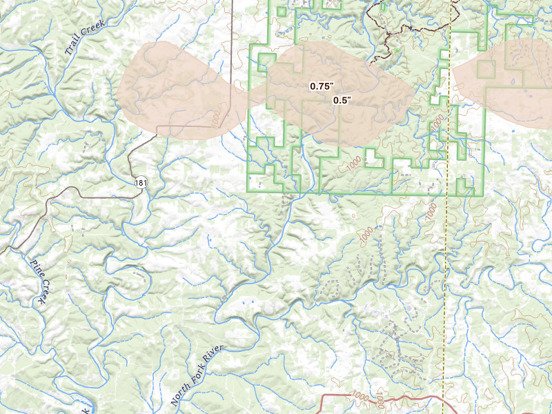 Radar-estimated hail-size map of the storm over Dora, MO on Jul 31, 2026