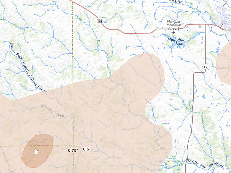Radar-estimated hail-size map of the storm over Downing, MO on Jun 10, 2026