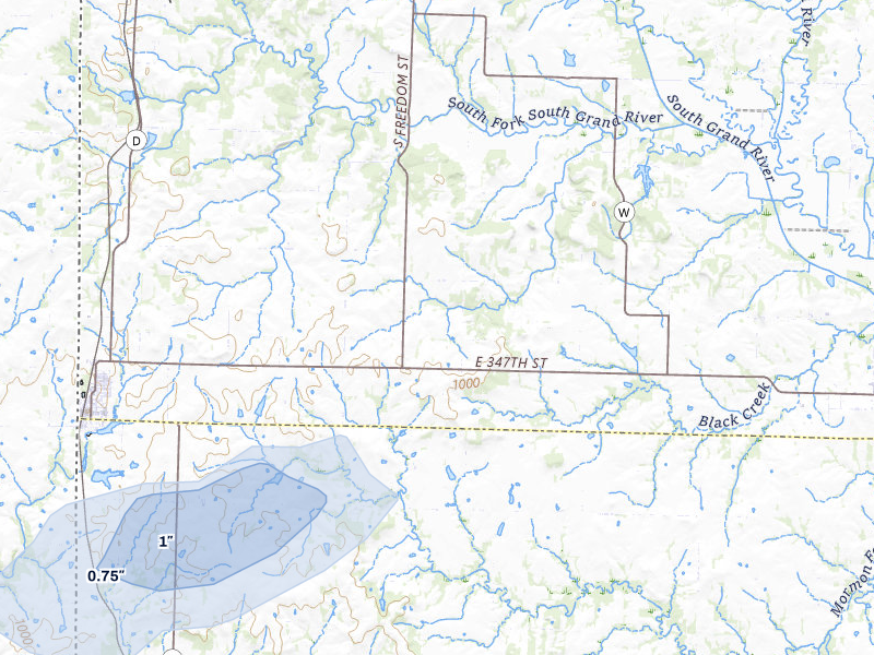 NEXRAD radar-signature map of the hail over Drexel, MO