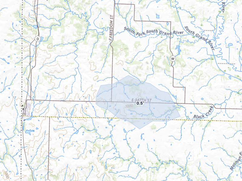 NEXRAD radar-signature map of the hail storm over Drexel, MO on May 8, 2026