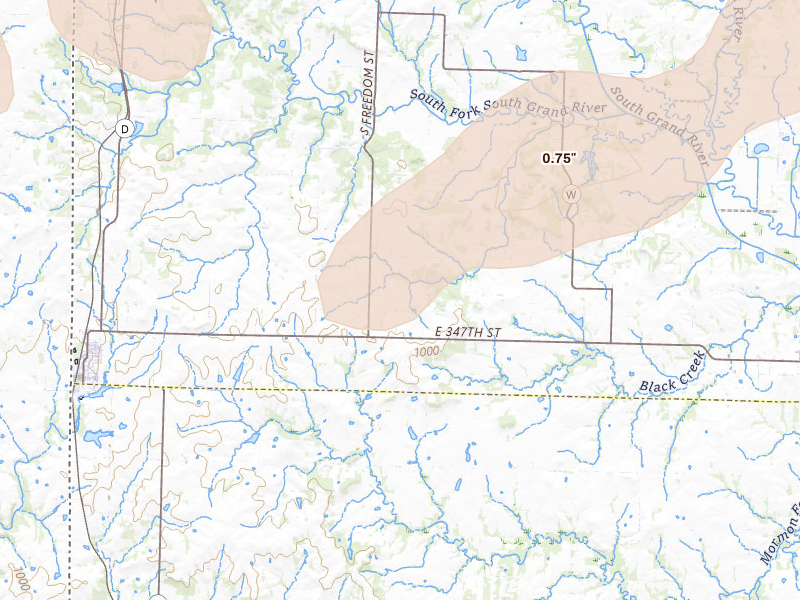 Radar-estimated hail-size map of the storm over Drexel, MO on Jun 8, 2026
