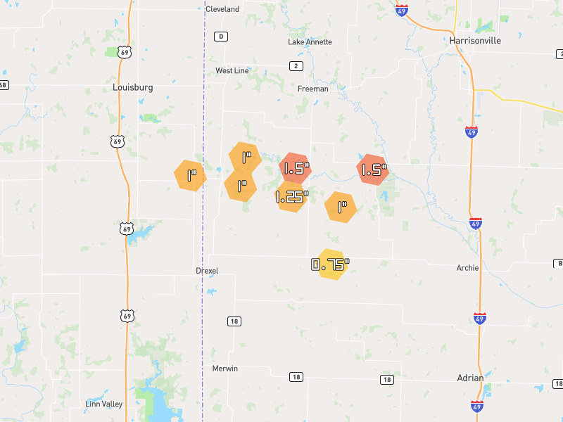 Hail map of Drexel, MO on Jun 9, 2026, hail up to 1.5"
