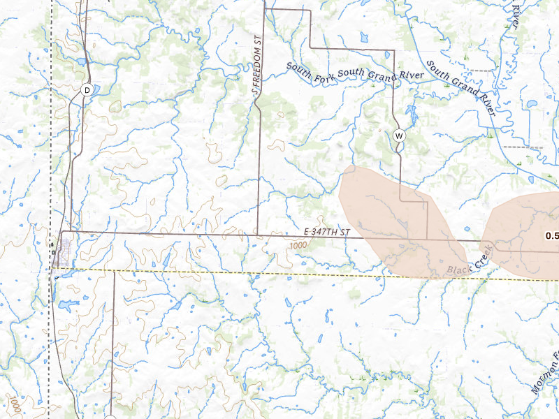 Radar-estimated hail-size map of the storm over Drexel, MO on Jun 17, 2026
