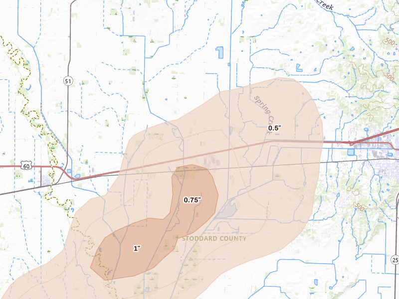 Radar-estimated hail-size map of the storm over Dudley, MO on Apr 26, 2026