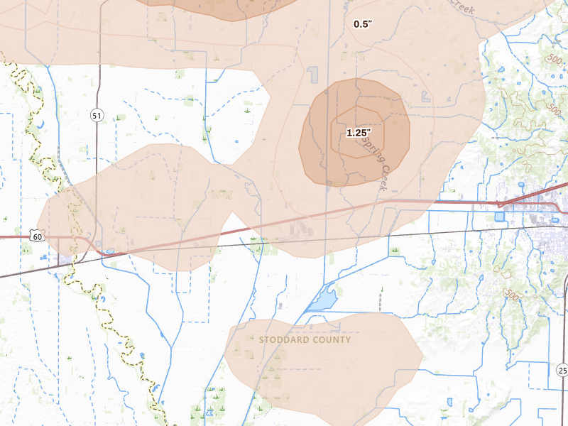 Radar-estimated hail-size map of the storm over Dudley, MO on Jul 9, 2026