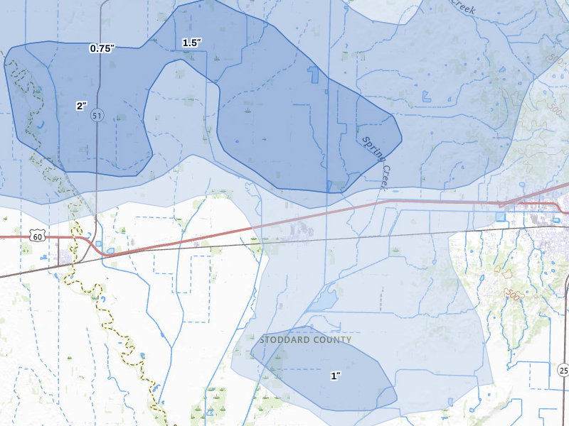 NEXRAD radar-signature map of the hail storm over Dudley, MO on Jul 9, 2026