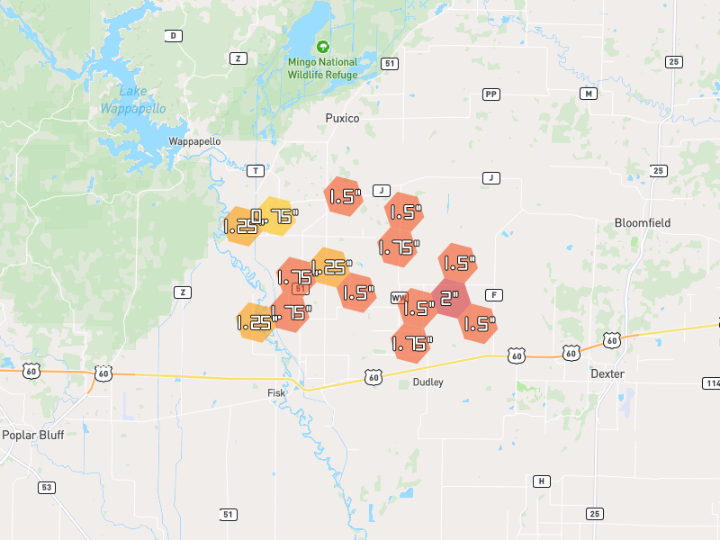Hail map of Dudley, MO on Jul 9, 2026, hail up to 2"