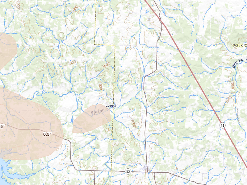 Radar-estimated hail-size map of the storm over Dunnegan, MO on Apr 28, 2026