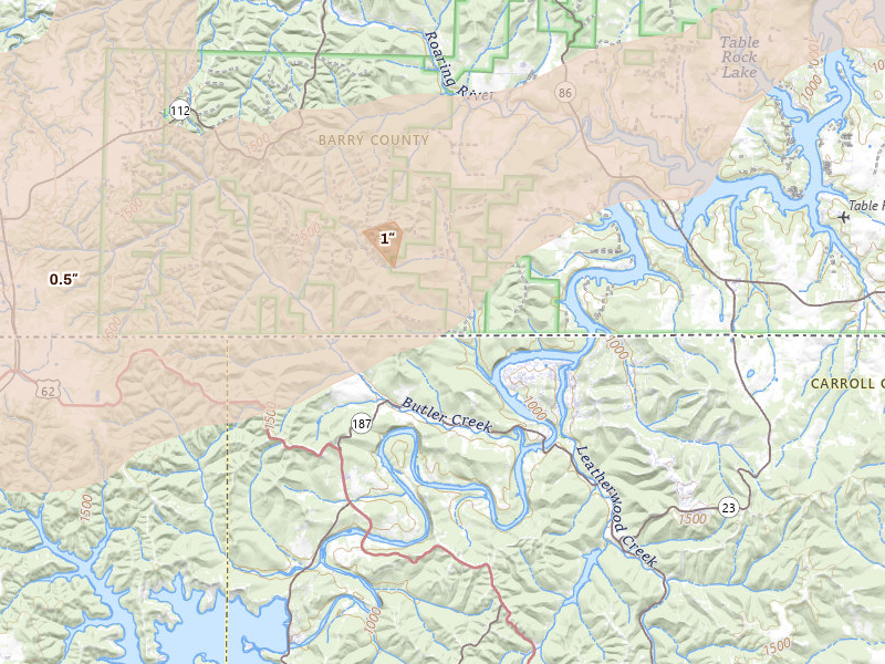 Radar-estimated hail-size map of the storm over Eagle Rock, MO on Mar 4, 2026