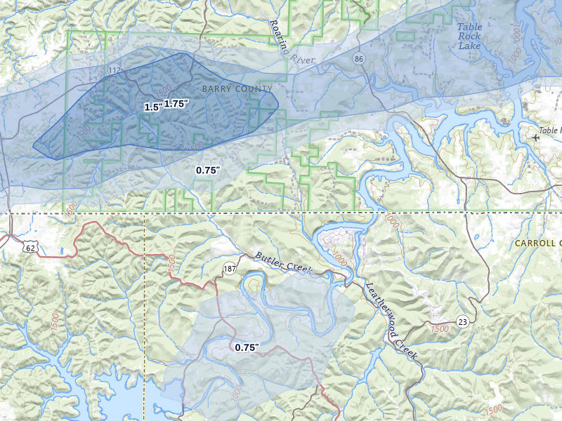 NEXRAD radar-signature map of the hail storm over Eagle Rock, MO on Mar 4, 2026