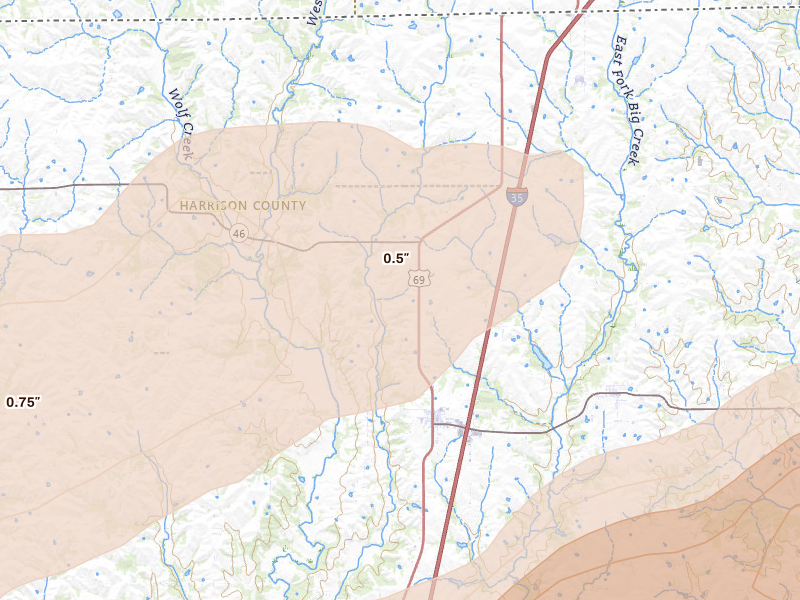 Radar-estimated hail-size map of the storm over Eagleville, MO on Apr 17, 2026
